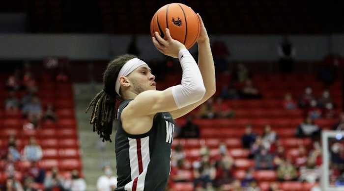 Washington State guard Tyrell Roberts shoots during the second half of an NCAA college basketball game against Oregon, Saturday, March 5, 2022, in Pullman, Wash. Washington State won 94-74.